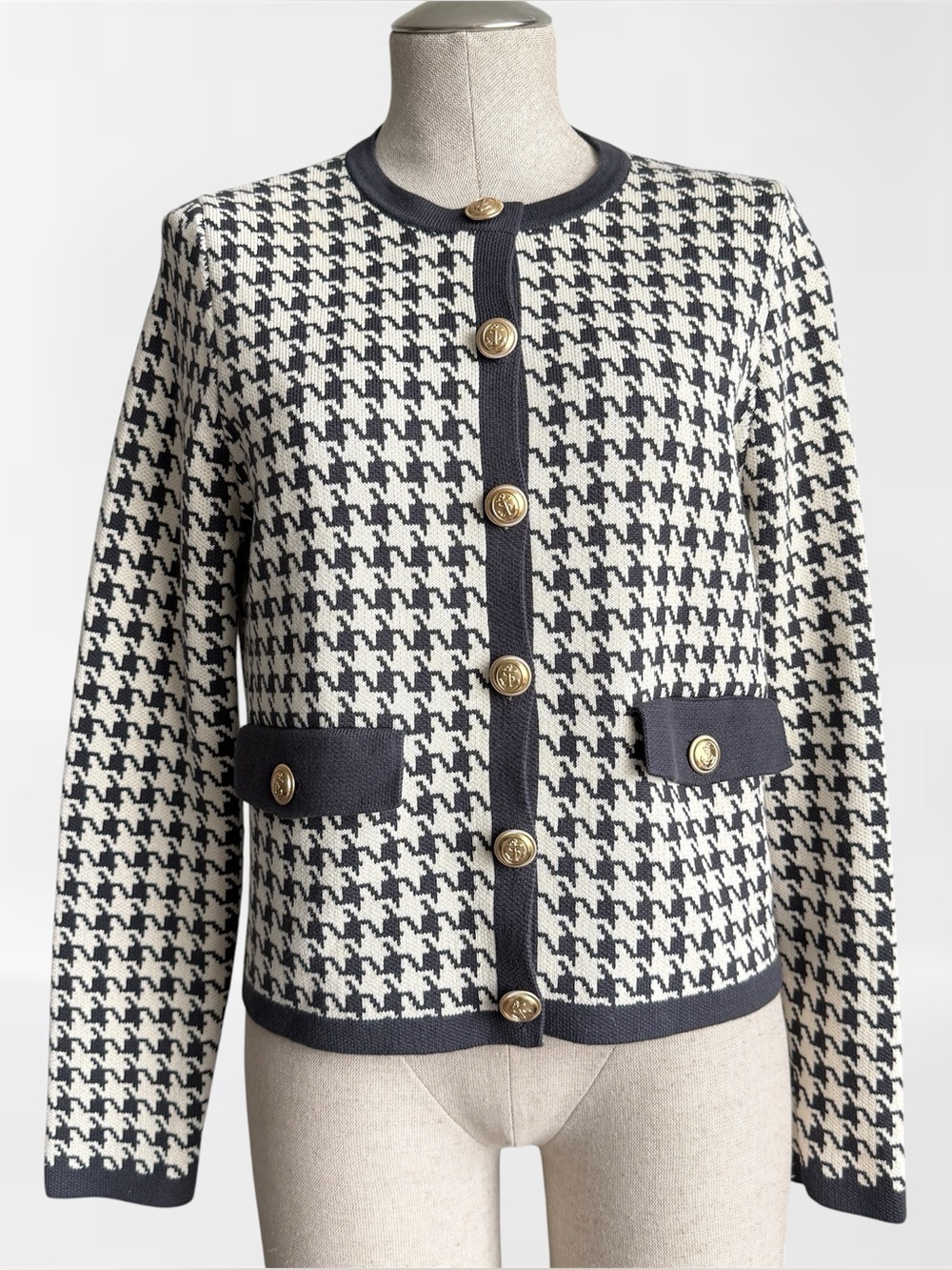 Boden Holly Knitted Jacket | Houndstooth Navy & Ivory | US 6